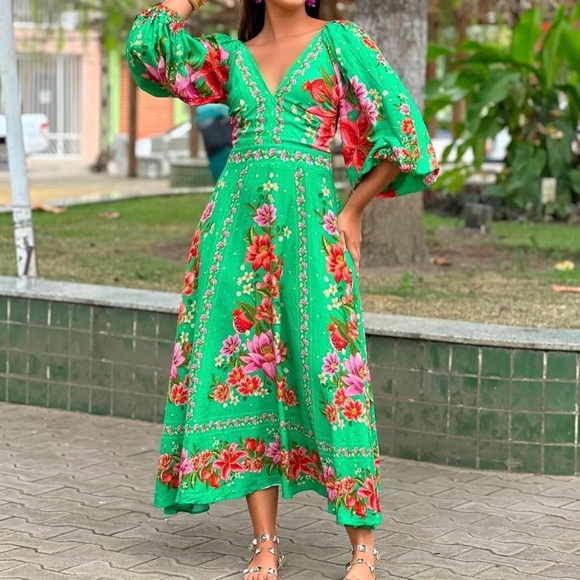 FARM Rio Green V-Neck Summer Flowers Midi Dress Size S